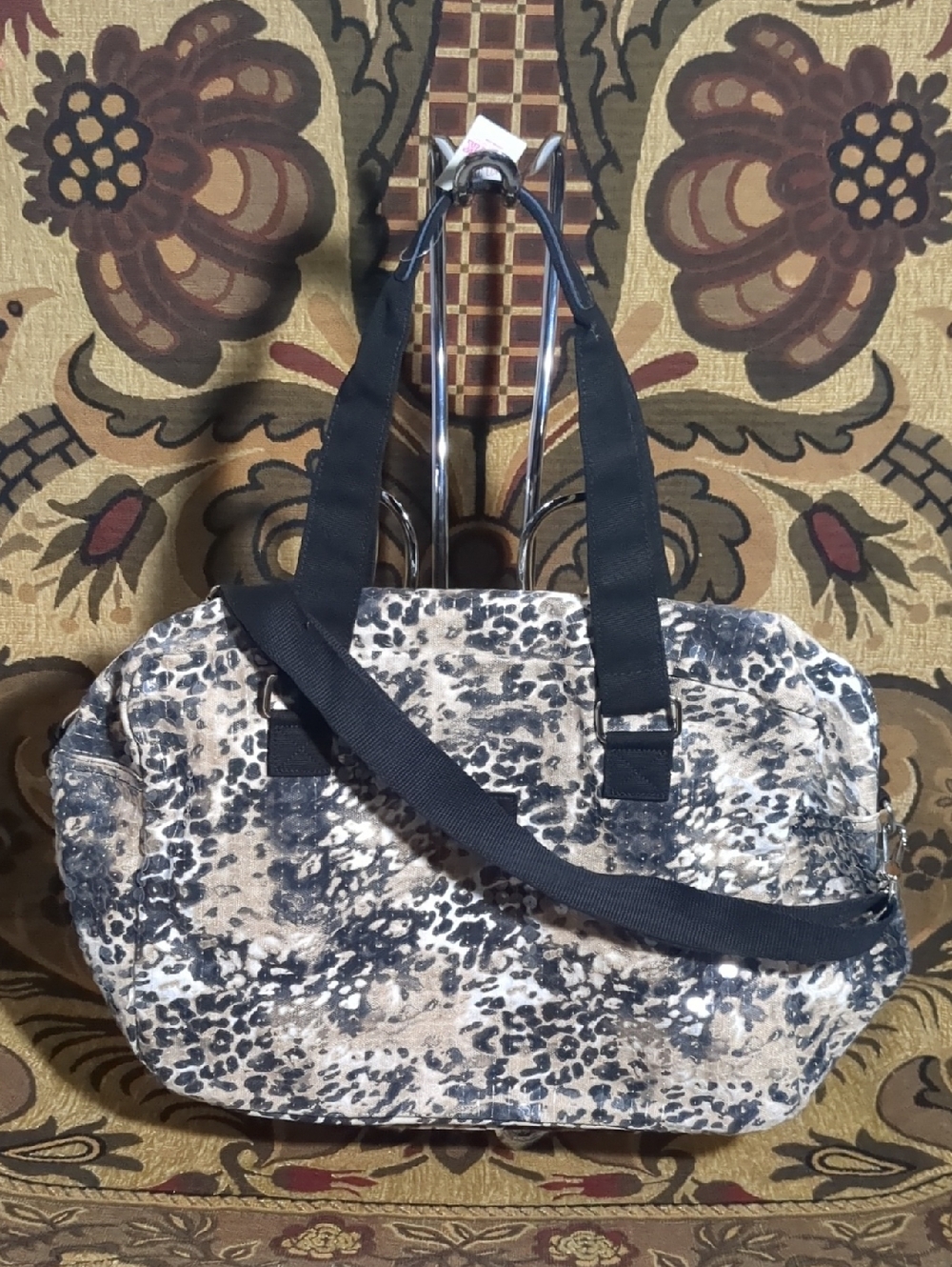 PINK Victoria's Secret Leopard-Print Canvas Travel Tote in Beige and Black